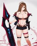  absurdres ahoge bare_shoulders black_jacket black_killers_(phantom_of_the_kill) breasts brown_eyes brown_hair collarbone commentary cosplay gauntlets hair_over_one_eye highres holding holding_sword holding_weapon jacket kono_subarashii_sekai_ni_shukufuku_wo! laevateinn_(phantom_of_the_kill) laevateinn_(phantom_of_the_kill)_(cosplay) large_breasts long_hair looking_at_viewer navel off_shoulder open_clothes open_jacket parted_lips phantom_of_the_kill revealing_clothes sendrawz short_shorts shorts single_gauntlet solo stomach sword thighlet weapon wiz_(konosuba) 