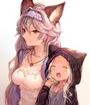  absurdres animal_ears animal_hood breasts brown_eyes cat_ears cat_hood closed_eyes erune granblue_fantasy hair_between_eyes hairband heles highres hood jewelry large_breasts long_hair looking_at_viewer multiple_girls necklace open_mouth scathacha_(granblue_fantasy) silver_hair simple_background sketch smile sukemyon upper_body very_long_hair yawning 