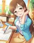  artist_request bangs belt blush bracelet breasts brown_eyes brown_hair cafe collarbone cup day eyebrows_visible_through_hair glasses idolmaster idolmaster_cinderella_girls indoors jewelry long_hair looking_at_viewer mechanical_pencil medium_breasts necklace nitta_minami official_art open_mouth parted_bangs pencil plant semi-rimless_eyewear shirt sitting skirt smile solo spoon sunlight sweater table under-rim_eyewear white_shirt window 