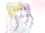  2girls airen alternate_costume alternate_outfit ayase_eli blush collared_shirt couple eye_contact flirting green_eyes heart looking_at_another love_live! love_live!_school_idol_project multiple_girls necktie simple_background toujou_nozomi white_background yuri 