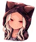  absurdres animal_ears animal_hood blush cat_hood erune granblue_fantasy highres hood long_hair looking_at_viewer red_eyes scathacha_(granblue_fantasy) silver_hair simple_background smile solo sukemyon white_background 