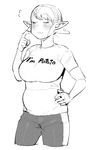  :3 belly breasts closed_eyes ear_wiggle elf-san_wa_yaserarenai. english erufuda-san flying_sweatdrops greyscale hand_on_hip large_breasts monochrome plump pointy_ears raised_eyebrows short_hair simple_background solo synecdoche thighs white_background 