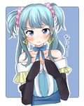  3: aqua_dress bangs bare_shoulders black_gloves blue_choker blue_dress blue_eyes blue_hair blue_ribbon blush choker closed_mouth dress earrings elbow_gloves gloves gradient_dress green_dress hair_ornament hair_scrunchie jewelry light_blue_hair long_hair looking_at_viewer magia_record:_mahou_shoujo_madoka_magica_gaiden magical_girl mahou_shoujo_madoka_magica minami_rena onabe_(onabe820) pink_scrunchie ribbon ribbon_choker scrunchie solo striped translated tsundere two_side_up v-shaped_eyebrows vertical-striped_dress vertical_stripes 