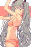  arm_up armpits ass back bangs bikini blush breasts butt_crack cleavage closed_mouth eyebrows_visible_through_hair eyelashes from_behind grey_eyes grey_hair halterneck hatsune_miku highres long_hair looking_at_viewer looking_to_the_side orange_bikini outstretched_arm side-tie_bikini sideboob small_breasts smile solo standing striped striped_bikini swept_bangs swimsuit tattoo twintails twisted_torso upper_body very_long_hair vocaloid white_background yuusei_tsukiro 