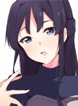  black_hair blue_eyes enelis hair_intakes idolmaster idolmaster_million_live! long_hair looking_at_viewer mogami_shizuka open_mouth simple_background solo upper_body white_background 