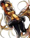  arms_up blonde_hair blue_eyes fur_hat fur_trim guilty_gear guilty_gear_xrd hat highres long_hair looking_at_viewer millia_rage nishiide_kengorou pantyhose simple_background solo ushanka white_background 