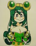  alternate_breast_size asui_tsuyu belt black_eyes blush_stickers boku_no_hero_academia breast_hold breasts cleavage closed_mouth collarbone frog_girl gloves goggles goggles_on_head green_hair hair_rings highres large_breasts long_hair long_sleeves looking_at_breasts looking_down low-tied_long_hair solo 