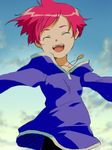  :d ^_^ ^o^ closed_eyes day facing_viewer hood hoodie jpeg_artifacts kumatora lowres mother_(game) mother_3 open_mouth outstretched_arms pink_hair senntakuya short_hair sky smile solo source_request spread_arms wind 