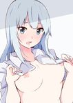  blue_eyes blush breasts embarrassed enelis idolmaster idolmaster_million_live! idolmaster_million_live!_theater_days long_hair looking_at_viewer medium_breasts nipples open_mouth shiraishi_tsumugi shirt_lift silver_hair simple_background solo undressing white_background 