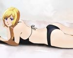  absurdres ass bikini black_bikini blonde_hair chin_rest earrings gundam gundam_tekketsu_no_orphans highres jewelry kudelia_aina_bernstein lipstick long_hair looking_at_viewer lying makeup on_stomach red_lipstick smile solo swimsuit tonotyama 