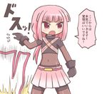  bangs belt black_gloves blunt_bangs blush bodystocking comic covered_navel cowboy_shot eyebrows_visible_through_hair gloves gradient_skirt legs_apart magia_record:_mahou_shoujo_madoka_magica_gaiden mahou_shoujo_madoka_magica open_mouth pink_eyes pink_hair pink_skirt pleated_skirt reverse_(bluefencer) skirt speech_bubble tamaki_iroha translation_request 