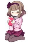  &gt;_&lt; bangs bendy_straw blush bow brown_hair brown_legwear closed_eyes collared_shirt cup drinking drinking_straw eyebrows_visible_through_hair hair_bow hairband holding holding_cup jacket kurasuke long_sleeves nose_blush original pantyhose pink_jacket pink_skirt pleated_skirt purple_bow purple_hairband shirt simple_background sitting sketch skirt solo wariza white_background white_shirt 