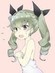  anchovy bangs black_ribbon commentary covering covering_breasts drill_hair eyebrows_visible_through_hair flying_sweatdrops from_side frown gedou_(ge_ge_gedou) girls_und_panzer green_hair hair_ribbon long_hair looking_at_viewer naked_towel open_mouth pink_background red_eyes ribbon solo standing sweatdrop tearing_up towel twin_drills twintails upper_body white_towel 