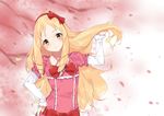  blonde_hair bow bowtie brown_eyes collarbone drill_hair eromanga_sensei floating_hair hair_ribbon hairband hand_in_hair hand_on_hip head_tilt long_hair looking_at_viewer petals pink_shirt red_bow red_hairband red_neckwear red_ribbon ribbon shirt short_sleeves solo standing twin_drills upper_body very_long_hair wujia_xiaozi yamada_elf 