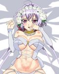  1girl absurdres bed blush breasts cleavage flower groin hair_flower hair_ornament hair_ribbon heart heart-shaped_pupils highres large_breasts looking_at_viewer lying navel on_back open_mouth panties purple_eyes ribbon senki_zesshou_symphogear smile solo symbol-shaped_pupils underwear user_pkag3743 white_hair white_panties yukine_chris 