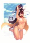  1girl absurdres arms_up bead_necklace beads bikini bikini_top breasts cleavage cloud cloudy_sky collarbone commentary_request day earrings erect_nipples eyebrows_visible_through_hair fate/grand_order fate_(series) hair_between_eyes hat headpiece highres hoop_earrings jewelry jumping large_breasts legs_up long_hair navel necklace open_mouth outdoors purple_eyes revision sandals sky sleeveless smile sungwon swimsuit very_long_hair white_bikini xuanzang_(fate/grand_order) 