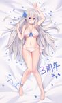  &gt;_&lt; :d ankle_ribbon anniversary arm_up bandeau bangs bare_legs barefoot bikini blue_eyes blue_ribbon blush breasts closed_mouth commentary_request dust_(394652411) full_body hair_ornament halter_top halterneck hand_up highres large_breasts lexington_(zhan_jian_shao_nyu) long_hair looking_at_viewer lying navel on_back open_mouth petals ribbon side-tie_bikini sidelocks silver_hair smile solo swimsuit thighs underboob very_long_hair white_bikini zhan_jian_shao_nyu 
