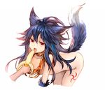 animal_ears banana bent_over blue_hair commentary_request fenrir_(shingeki_no_bahamut) food fruit fur granblue_fantasy hair_between_eyes highres long_hair open_mouth red_eyes revision sexually_suggestive simple_background solo_focus sukemyon tail teeth upper_teeth white_background wolf_ears wolf_tail 