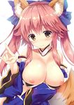 animal_ears bare_shoulders blue_bow blush bow breasts closed_mouth fate/extra fate_(series) fox_ears fox_tail hair_bow index_finger_raised japanese_clothes kimono large_breasts long_hair looking_at_viewer maruchan. nipples pink_hair simple_background smile solo tail tamamo_(fate)_(all) tamamo_no_mae_(fate) twintails white_background wide_sleeves yellow_eyes 