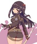  ass bangs belt black_gloves black_hair black_jacket black_shorts blunt_bangs blush breasts brown_eyes clenched_teeth cowboy_shot eyebrows_visible_through_hair eyepatch from_behind gloves highres holding holding_sword holding_weapon jacket katana large_breasts long_sleeves looking_at_viewer looking_back one_eye_covered parted_lips sekai_seifuku:_bouryaku_no_zvezda sheath sheathed shikabane_itsuka short_shorts shorts sumiyao_(amam) sword teeth weapon 