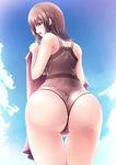  1girl akatuti ass backboob bare_shoulders blue_sky blush breasts brown_eyes brown_hair from_behind huge_ass large_breasts long_hair one-piece_swimsuit open_mouth original shiny shiny_hair shiny_skin solo swimsuit towel wet wet_hair wet_skin 