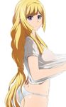  absurdres ass bangs gundam gundam_tekketsu_no_orphans highres kudelia_aina_bernstein long_hair looking_at_viewer low-tied_long_hair panties parted_lips purple_eyes shirt short_sleeves simple_background solo swept_bangs tonotyama underwear very_long_hair white_background white_panties white_shirt 