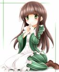  ama_usa_an_uniform apron bangs blunt_bangs boots brown_footwear brown_hair closed_mouth commentary_request eyebrows_visible_through_hair fingers_together flat_chest flower frilled_apron frills full_body gochuumon_wa_usagi_desu_ka? green_eyes green_kimono hair_flower hair_ornament japanese_clothes kimono long_hair long_sleeves looking_at_viewer maid_apron polka_dot_trim ribbon sitting smile solo striped striped_kimono taka_(takalight) ujimatsu_chiya wariza white_apron white_background white_flower white_ribbon wide_sleeves 