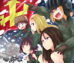  :d alina_(girls_und_panzer) bangs black_footwear black_hair black_vest blonde_hair blue_eyes blurry blurry_background boots brown_gloves brown_hair brown_hat clara_(girls_und_panzer) closed_mouth commentary covering_mouth depth_of_field emblem eyebrows_visible_through_hair fang flag fur_hat girls_und_panzer gloves green_jacket green_jumpsuit ground_vehicle hat helmet jacket katyusha kitayama_miuki kv-2 long_hair long_sleeves looking_at_another looking_to_the_side military military_uniform military_vehicle motor_vehicle multiple_girls nina_(girls_und_panzer) nonna open_mouth pravda_(emblem) pravda_military_uniform red_shirt shirt short_hair short_jumpsuit short_twintails smile snow standing sweatdrop swept_bangs tank turtleneck twintails uniform ushanka v-shaped_eyebrows vest w_arms wavy_mouth 