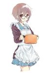  :d apron bangs black-framed_eyewear blue_skirt brown_eyes brown_jacket commentary_request cowboy_shot ears eyebrows_visible_through_hair frilled_apron frills glasses jacket kita_high_school_uniform long_sleeves looking_at_viewer maid_apron miniskirt nagato_yuki nanabuluku open_mouth pot purple_hair school_uniform serafuku shiny shiny_hair short_hair simple_background skirt smile solo standing suzumiya_haruhi_no_yuuutsu white_apron white_background 