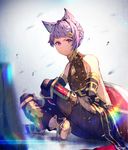  absurdres animal_ears blurry closed_mouth commentary_request depth_of_field enj! granblue_fantasy highres indian_style lens_flare looking_at_viewer male_focus purple_eyes purple_hair quatre_(granblue_fantasy) rainbow sitting solo 