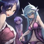  aqua_hair bare_shoulders black_gloves black_hairband blush breasts commentary dark_skin fate/grand_order fate_(series) gloves hairband hassan_of_serenity_(fate) highres horns kiyohime_(fate/grand_order) large_breasts lingerie long_hair looking_at_viewer medium_breasts minamoto_no_raikou_(fate/grand_order) multiple_girls multiple_horns nightgown purple_eyes purple_hair short_hair small_breasts smile sue_(bg-bros) underwear very_long_hair yellow_eyes 