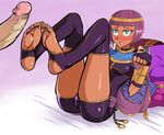  1girl ass barefoot blush bob_cut circlet dark_skin darm_engine feet female fingerless_gloves full_body gloves green_eyes menat no_shoes paw_pose penis precum purple_hair short_hair skin_tight skindentation small_breasts soles street_fighter street_fighter_v thighhighs toeless_legwear toes uncensored 