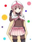  black_gloves blush cloak closed_mouth eyebrows_visible_through_hair gloves hood hood_up hooded_cloak looking_at_viewer magia_record:_mahou_shoujo_madoka_magica_gaiden magical_girl mahou_shoujo_madoka_magica myuumyuu navel pink_eyes pink_hair skirt smile solo tamaki_iroha white_background 