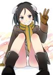  :d arm_support azumada bandaid_on_cheek bare_legs black_eyes black_footwear black_hair blush boots brave_witches brown_gloves brown_jacket commentary_request gloves grey_shirt grin hand_up headgear highres jacket kanno_naoe long_sleeves looking_at_viewer open_mouth panties pantyshot pantyshot_(sitting) protected_link scarf shirt short_hair sitting smile solo underwear w white_panties world_witches_series 