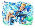  blonde_hair blue_fire blue_pants blue_sash bodskih chest_tattoo collarbone fire grin looking_at_viewer male_focus marco one_knee one_piece open_clothes open_shirt outstretched_arms pants purple_shirt sandals shirt smile solo spiked_hair tattoo transparent_background 