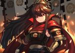  armor banner brown_hair cape family_crest fate_(series) gauntlets hair_ornament hand_on_hip holding holding_sword holding_weapon k_jin katana koha-ace long_hair looking_at_viewer oda_nobunaga_(fate) oda_uri ponytail red_eyes solo sword weapon 