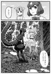  animal_ears arms_behind_back bear_ears bikini boots breasts brown_bear_(kemono_friends) circlet cleavage closed_eyes closed_mouth comic crossover day elbow_gloves elephant_ears elephant_tail gloves godzilla godzilla_(series) golden_snub-nosed_monkey_(kemono_friends) greyscale hair_ornament hairband highres indian_elephant_(kemono_friends) kemono_friends kishida_shiki long_hair looking_at_another monkey_ears monochrome multiple_girls navel open_mouth outdoors personification scarf shin_godzilla shirt short_hair skirt smile standing stomach swimsuit tail thigh_boots thighhighs translated 