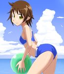  arched_back ass ball beachball bikini bird blue_bikini brown_hair cloud day flat_ass from_side goriate kamigamo_jun looking_at_viewer natsu_no_arashi! ocean outdoors seagull short_hair sky smile solo swimsuit yellow_eyes 