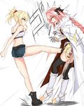  1girl astolfo_(fate) bandeau black_bow bow braid cape commentary_request crotch_kick denim denim_shorts fang fate/apocrypha fate_(series) garter_straps hair_ribbon highres kicking mordred_(fate) mordred_(fate)_(all) multicolored_hair open_mouth otoko_no_ko pink_hair piro_(iiiiiiiiii) purple_eyes ribbon shorts single_braid streaked_hair thighhighs 