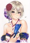  bad_id bad_twitter_id bare_shoulders blue_sash breasts cleavage collarbone colored_pencil_(medium) commentary_request detached_collar detached_sleeves earrings fan floral_print flower folding_fan grey_eyes grey_hair hair_between_eyes hair_flower hair_ornament highres holding holding_fan idolmaster idolmaster_cinderella_girls idolmaster_cinderella_girls_starlight_stage inuono_mama japanese_clothes jewelry kimono looking_at_viewer medium_breasts pendant shiomi_shuuko short_hair signature simple_background smile solo traditional_media upper_body white_background white_kimono 