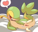  1girl arm_support bed_sheet blue_background blush crepix full_body half-closed_eyes heart looking_at_viewer lying no_humans on_side open_mouth pokemon pokemon_(creature) pokemon_bw presenting pussy pussy_juice simple_background smile snivy solo spoken_heart spread_legs sweat tail uncensored 