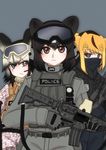  african_wild_dog_(kemono_friends) animal_ears ar-15 brown_bear_(kemono_friends) commentary_request gloves goggles goggles_on_head golden_snub-nosed_monkey_(kemono_friends) gun headset helmet highres kemono_friends long_hair multiple_girls police rifle shinkaisoku short_hair sniper_rifle trigger_discipline uniform weapon 