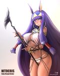  animal_ears bangs bare_shoulders blunt_bangs bracelet breasts character_name commentary copyright_name cowboy_shot dark_skin earrings egyptian egyptian_clothes facial_mark fate/grand_order fate_(series) hairband hoop_earrings jackal_ears jewelry large_breasts long_hair looking_at_viewer navel nitocris_(fate/grand_order) panties parted_lips purple_eyes purple_hair shiny shiny_hair sidelocks solo souryu staff stomach twitter_username underwear very_long_hair white_panties 