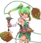  :d armpits bare_shoulders breasts brown_eyes brown_hair commentary_request cowboy_shot detached_sleeves dual_wielding earrings fang from_side gradient_hair green_hair highres holding holding_weapon holding_whip jewelry multicolored_hair necklace no_bra open_mouth overalls ricotta_(ys) simple_background small_breasts smile solo standing striped_sleeves striped_tail sumiyao_(amam) tail tooth_necklace weapon whip white_background ys ys_viii_lacrimosa_of_dana 