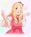  ;d blonde_hair bow bowtie brown_eyes dress drill_hair eromanga_sensei grey_background hair_ribbon hairband highres index_finger_raised long_hair looking_at_viewer one_eye_closed open_mouth pink_dress red_bow red_hairband red_neckwear red_ribbon ribbon shirt smile solo standing taka-chan twin_drills very_long_hair white_shirt yamada_elf 