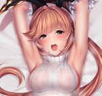  absurdres armpits arms_up black_gloves blush bow breasts brown_hair clarisse_(granblue_fantasy) eyebrows_visible_through_hair frill_trim gloves granblue_fantasy green_eyes hair_bow highres long_hair looking_at_viewer medium_breasts nipples open_mouth ponytail ribbed_shirt ribbed_sweater see-through shirt sleeveless sleeveless_shirt sleeveless_turtleneck solo sweat sweater turtleneck ulrich_(tagaragakuin) upper_body 