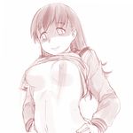  bouncing_breasts breasts emonyu grin hands_on_hips kantai_collection long_hair medium_breasts navel nipples no_bra ooi_(kantai_collection) school_uniform serafuku shaded_face shirt_lift sketch sketching smile solo upper_body white_background 