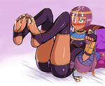  1girl ass barefoot blush bob_cut circlet cum cum_on_feet cum_on_hair dark_skin darm_engine facial feet female fingerless_gloves full_body gloves green_eyes menat no_shoes paw_pose purple_hair short_hair skin_tight skindentation small_breasts soles street_fighter street_fighter_v thighhighs toeless_legwear toes 