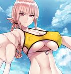  bikini blue_sky blush braid breasts chaldea_lifesavers cleavage closed_mouth cloud cocq_taichou commentary_request covered_nipples day eyebrows_visible_through_hair fate/grand_order fate_(series) florence_nightingale_(fate/grand_order) folded_ponytail large_breasts long_hair looking_at_viewer navel outdoors outstretched_arms pink_hair red_eyes skindentation sky solo swimsuit underboob upper_body wet yellow_bikini 
