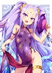  :d arm_garter blue_hair bow bracelet breasts china_dress chinese_clothes covered_navel covered_nipples dress earrings fan fang fate/grand_order fate_(series) gradient_hair jewelry leg_garter long_hair looking_at_viewer looking_to_the_side multicolored_hair open_mouth purple_eyes purple_hair slit_pupils small_breasts smile solo standing toraishi_666 twintails very_long_hair wu_zetian_(fate/grand_order) 